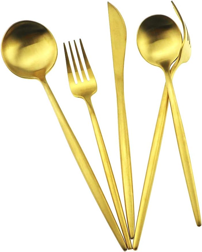 Gugrida Matte Gold 5-Piece Silverware Set, 18/10 Stainless Steel Satin Finish Kitchen Utensil Set, Dishwasher Safe