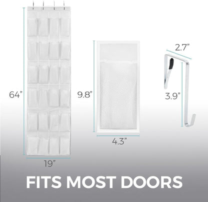 HOME GENIE 24 Pocket Strong Space Saving Over Door Shoe Organizer, Holds Up to 40 Pounds, White