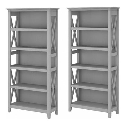 Bush Home Key West 5 Shelf Bookcase - Set of 2 | Tall Bookshelves in Cape Cod Gray | Sturdy Display Shelves for Library, Living Room, and Home Office