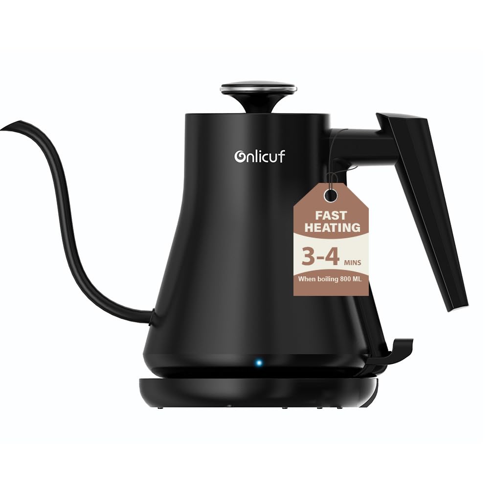 Onlicuf Gooseneck Electric Kettle 0.8L - Matte Black Tea Kettle with Auto Shut Off, Boil-Dry Protection & BPA-Free, Precision Electric Water Kettle for Pour Over Coffee
