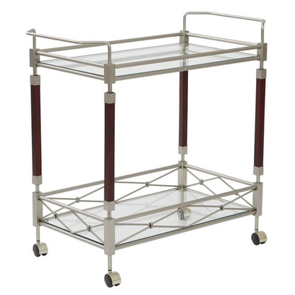 Scranton & Co Serving Cart, 31.25" W x 16.5" D x 30" H, Brushed Nickel Metal Frame, Walnut Wood Accents, Tempered Glass Shelves, Mobile Bar Cart for Entertaining