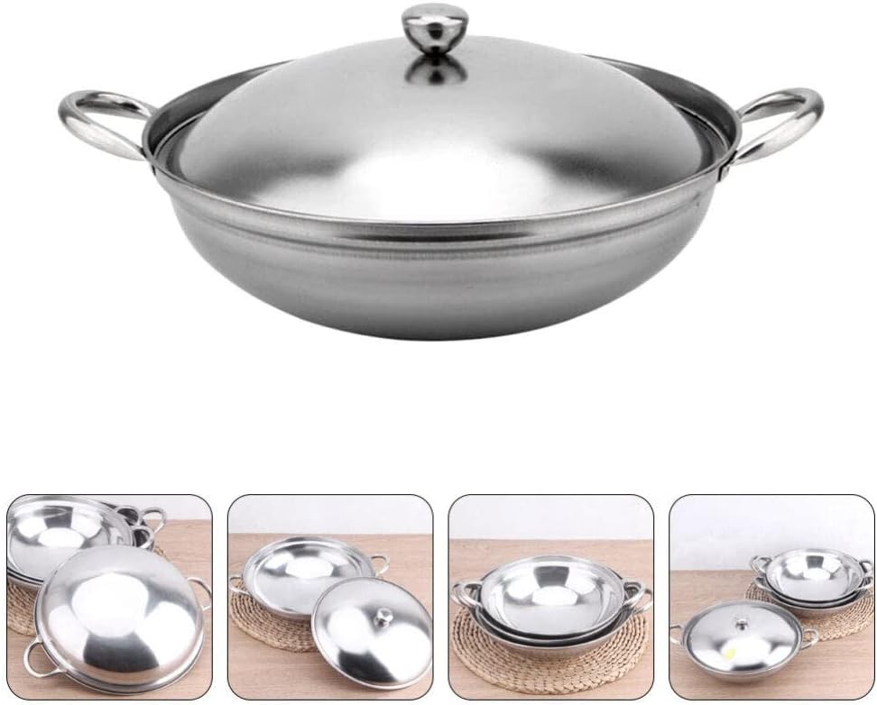 Ciieeo Shabu Shabu Hot Pot, Stainless Steel Camping Stove Cooking Pot with Lid, 22cm Chef Wok and Paella Skillet