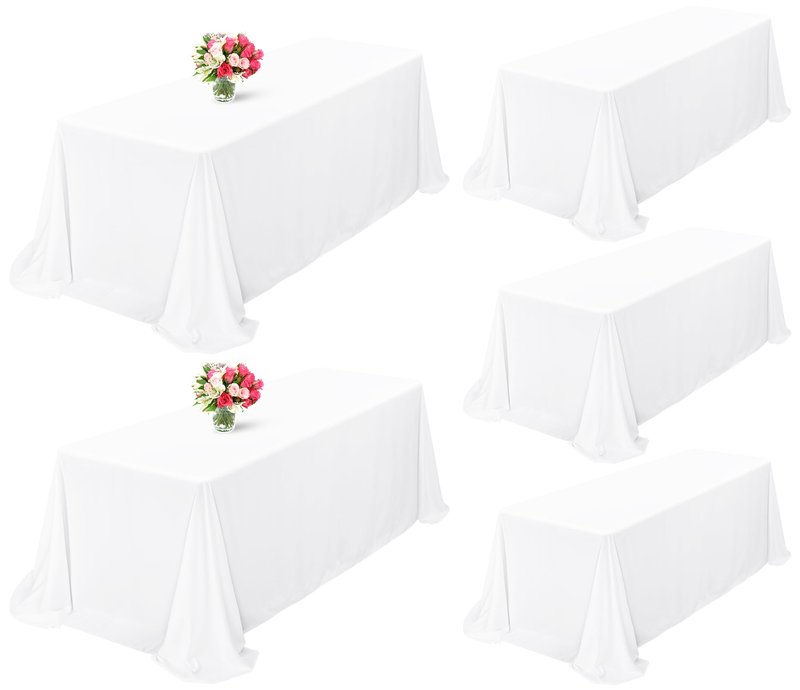 Showgeous 5 Pack White Tablecloths for 8 Foot Rectangle Tables 90 x 156 Inch Rectangular Tablecloth, Bulk Polyester Fabric Table Clothes Washable Long Table Covers for Wedding Party Buffet Restaurant