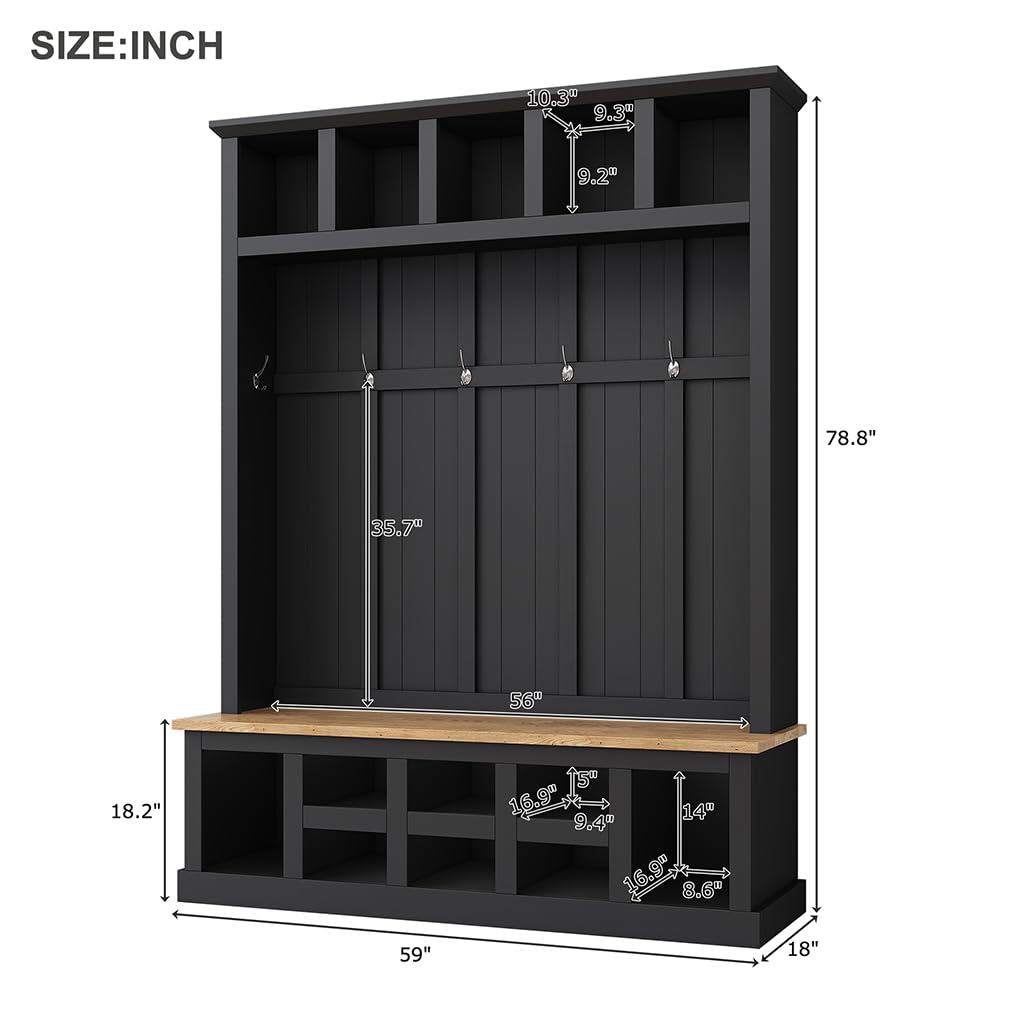 Hall Tree with Bench and Shoe Storage, 3-in-1 Entryway Furniture with Shoe Bench, 13 Open Compartments and 6 Hooks, Multifunction Hall Tree for Hallway, Entryway, Bedroom, 18"D x 59"W x 78.8"H,Black