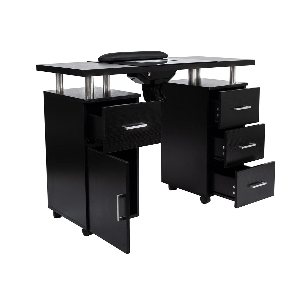 Manicure Table Glasglow II Salon Set with Luna LED Nail Lamp and TOTO Nail Technician Stool, Salon Nail Table Salon Furniture & Equipment, Black & Pink Set
