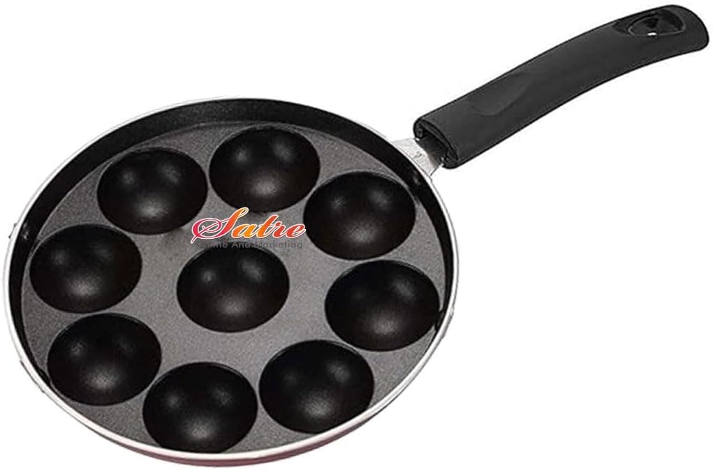 Satre Online Aluminium Non-Stick 9 Cavity Appam Patra with Steel Lid, Black