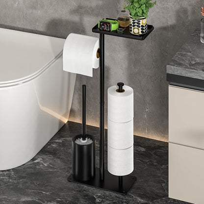 Skiennix Modern Bathroom Toilet Paper Stand - Stylish Black Metal Holder with Storage Shelf for 3 Mega Rolls | 24x12x60 Inches