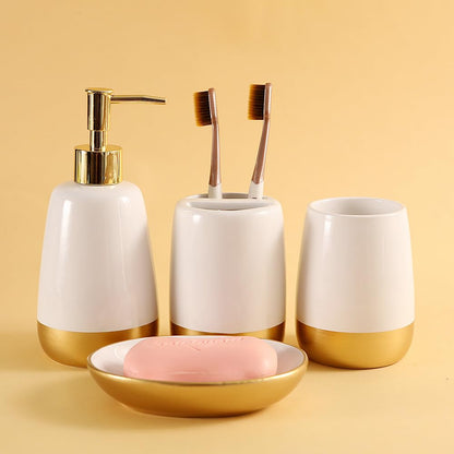 Elegant White with Gold Bathroom accesory Set 4pc,Toothbrush Holder soap Dispenser soap Dish Tumbler Cup for Bathroom Decor Morden Style (White 2)