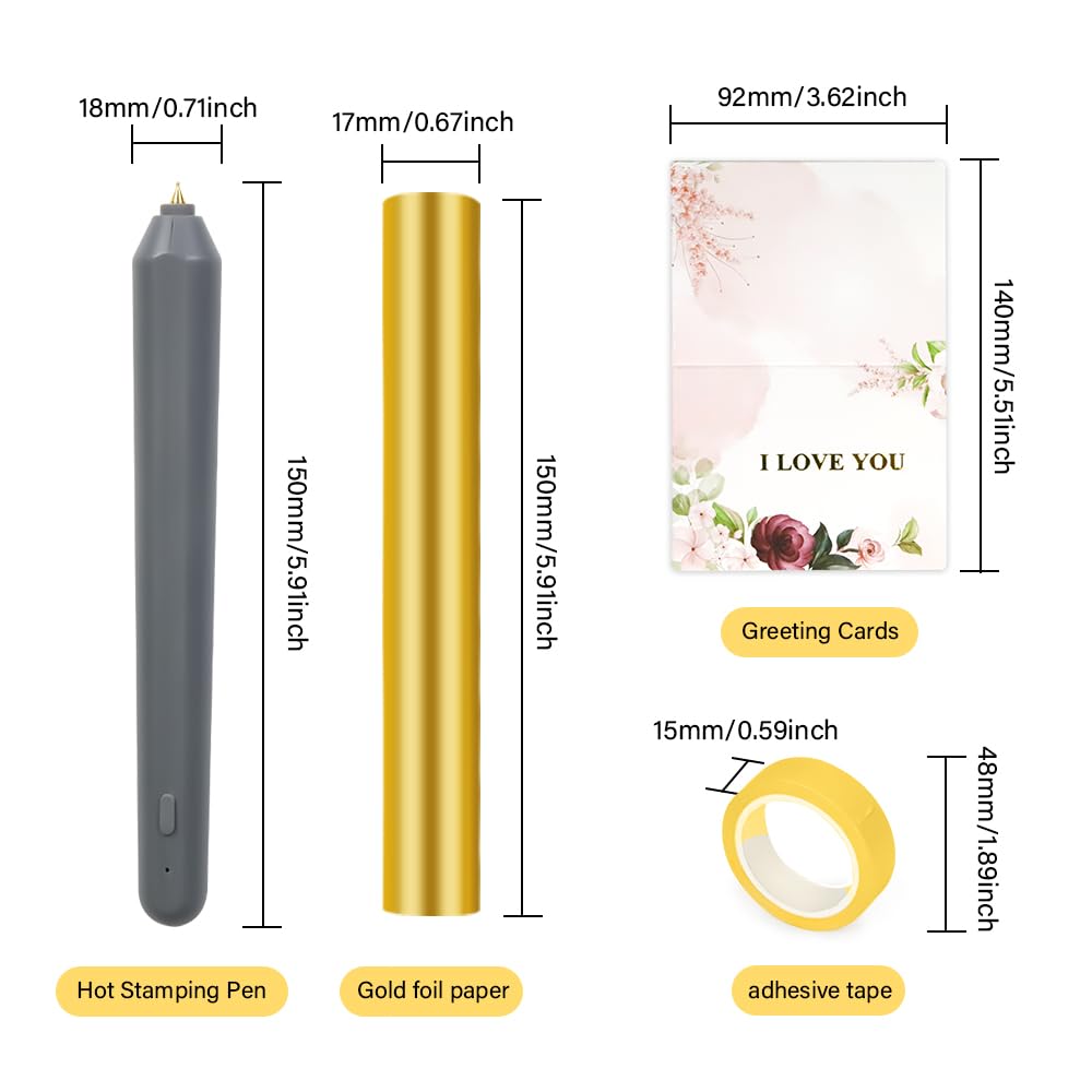 30PCS Hot Foil Embossing Stamping Pen Set Includes 1 USB Foil Quill Pen with 4 Size Metal Tips,5 Hot foil Rolls,20 Cards,1Adhesive tape for DIY Craft Embossing Scrapbooking Craft Stamping Project
