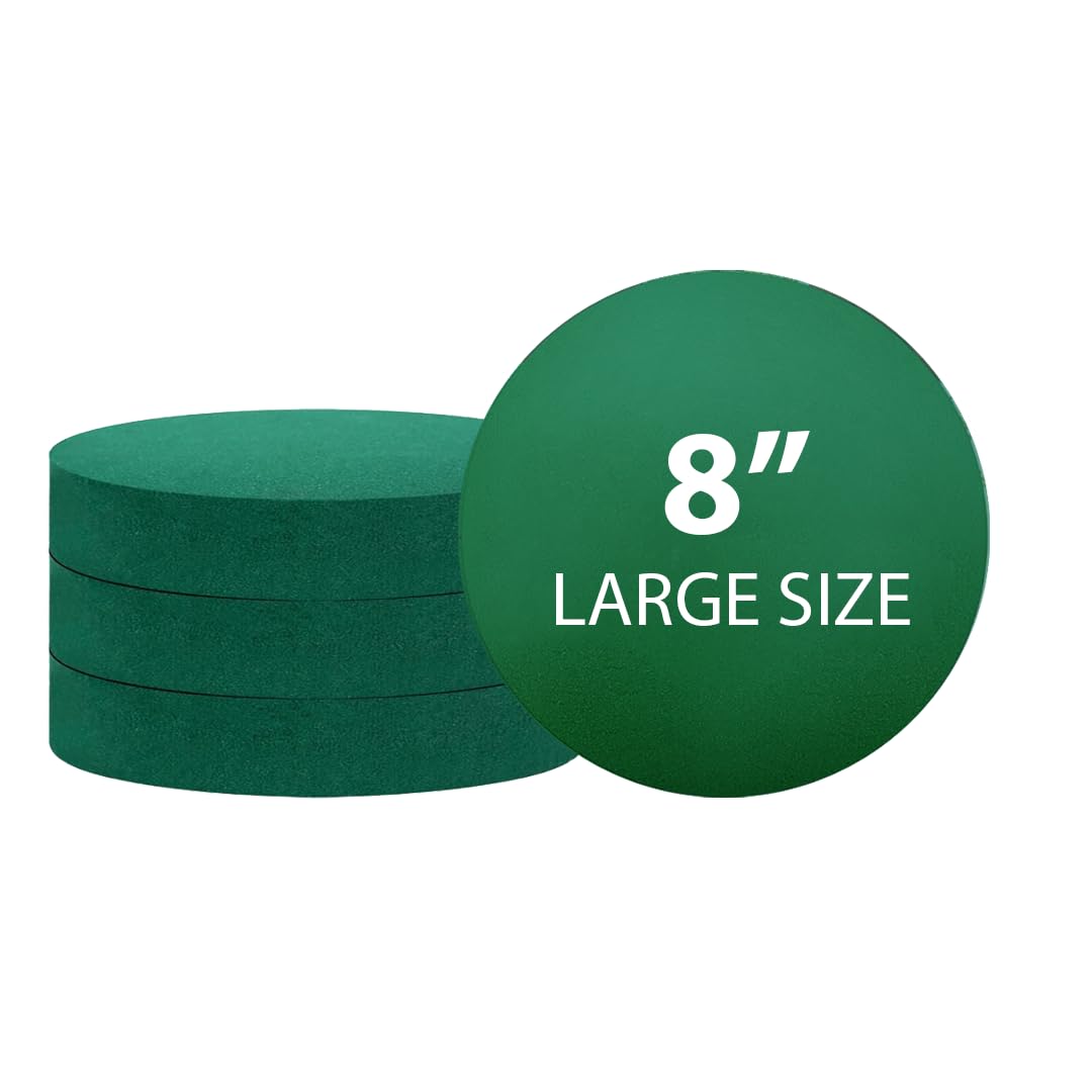 Pack of 4 FLOFARE Round Floral Foam Blocks for Fresh and Artificial Flowers, Each (8" X 1.4"), Dry & Wet Green Flower Foam for Flower Arrangements and Florist Supplies