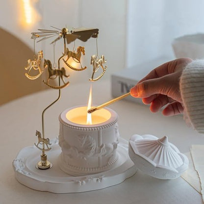 Carousel Candle Holder - Spinning Brass Merry-Go-Round with Gypsum Base | Perfect Valentine Gift for Home Decor
