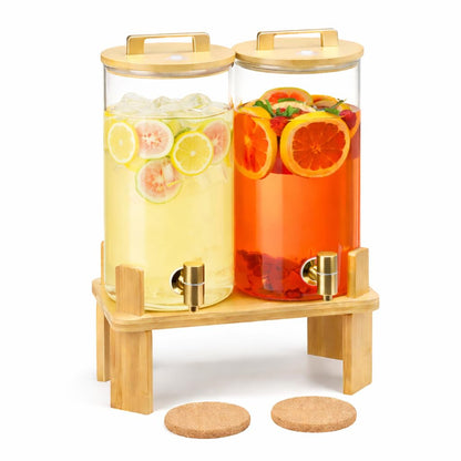 1.5 Gallon 2PCS Glass Drink Dispenser for Parties,Beverage Dispenser with Wooden Stand, Lemonade Dispenser,Juice Containers & Water Pitcher with Lid for Lemonade, Iced Tea and Party Drinks