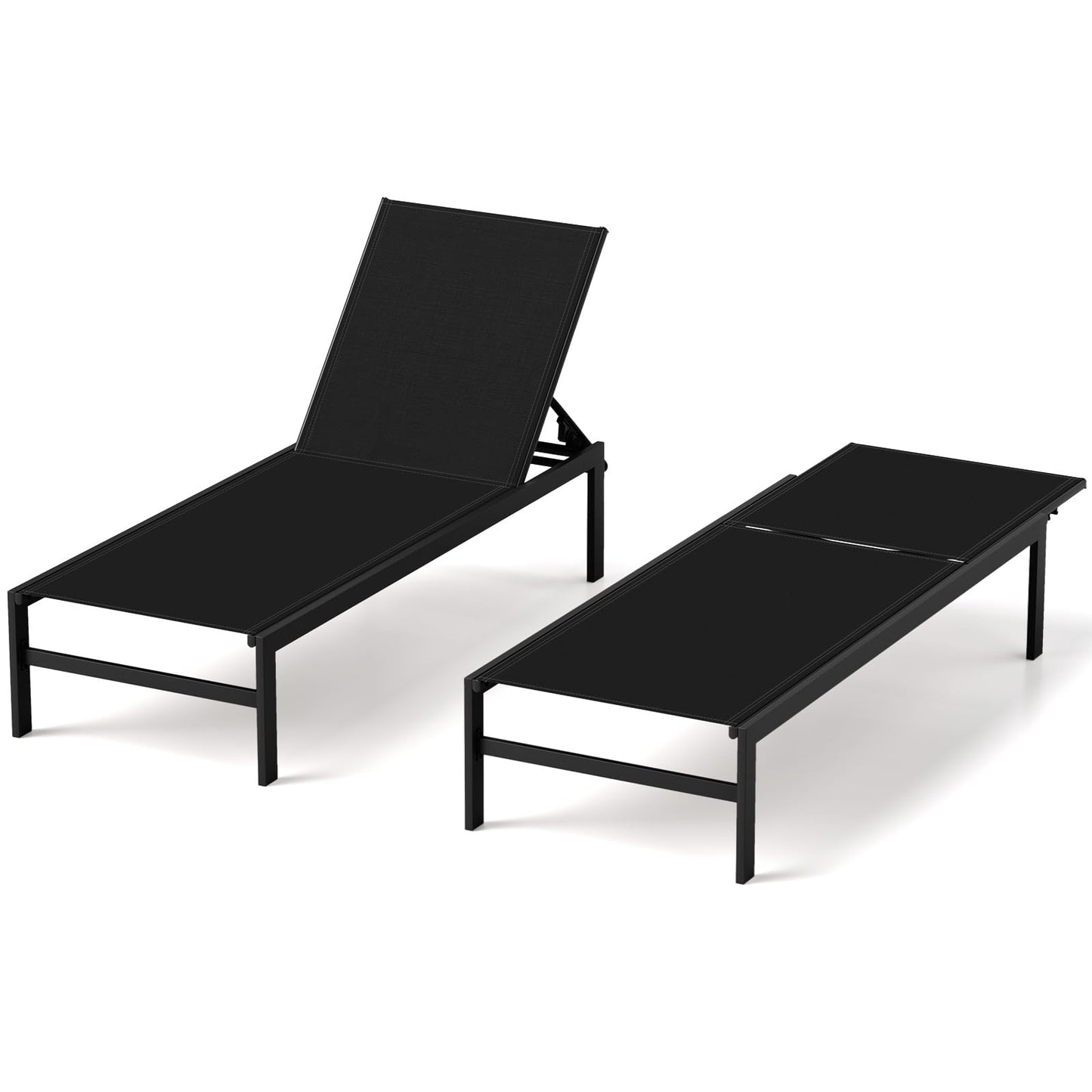 HAPPYGRILL Aluminum Chaise Lounge Chair, Heavy-Duty Patio Recliner W/ 6-Level Backrest & Breathable Fabric, Outdoor Lightweight Reclining Lounge Chair for Backyard, Poolside, Porch (2, Black)