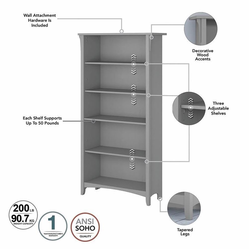Bush Home Salinas Tall 5 Shelf Bookcase - Set of 2 in Cape Cod Gray, Vertical Office Storage, Bookshelves for Home Workspace, Multi-Purpose Shelving Units