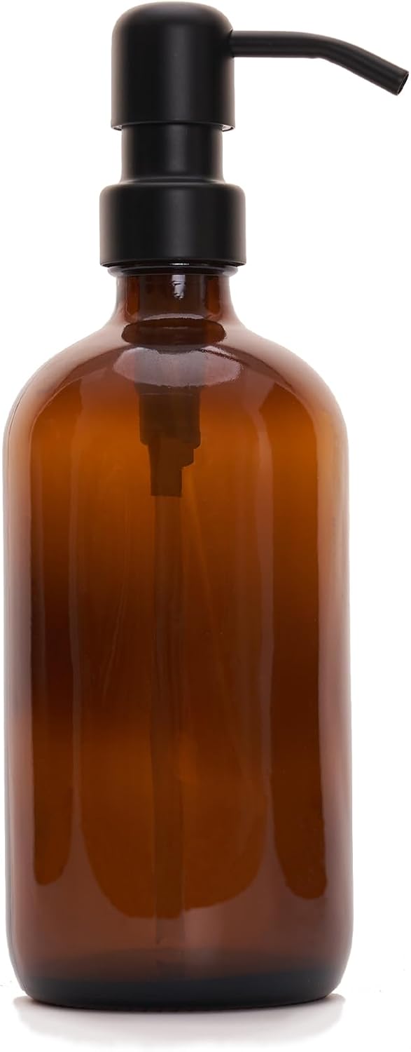 1pcs 16 Oz Countertop Diahom Soap Dispenser Amber Glass Hand Dish Soap Dispensers Stainless Steel Pump for Kitchen Sink
