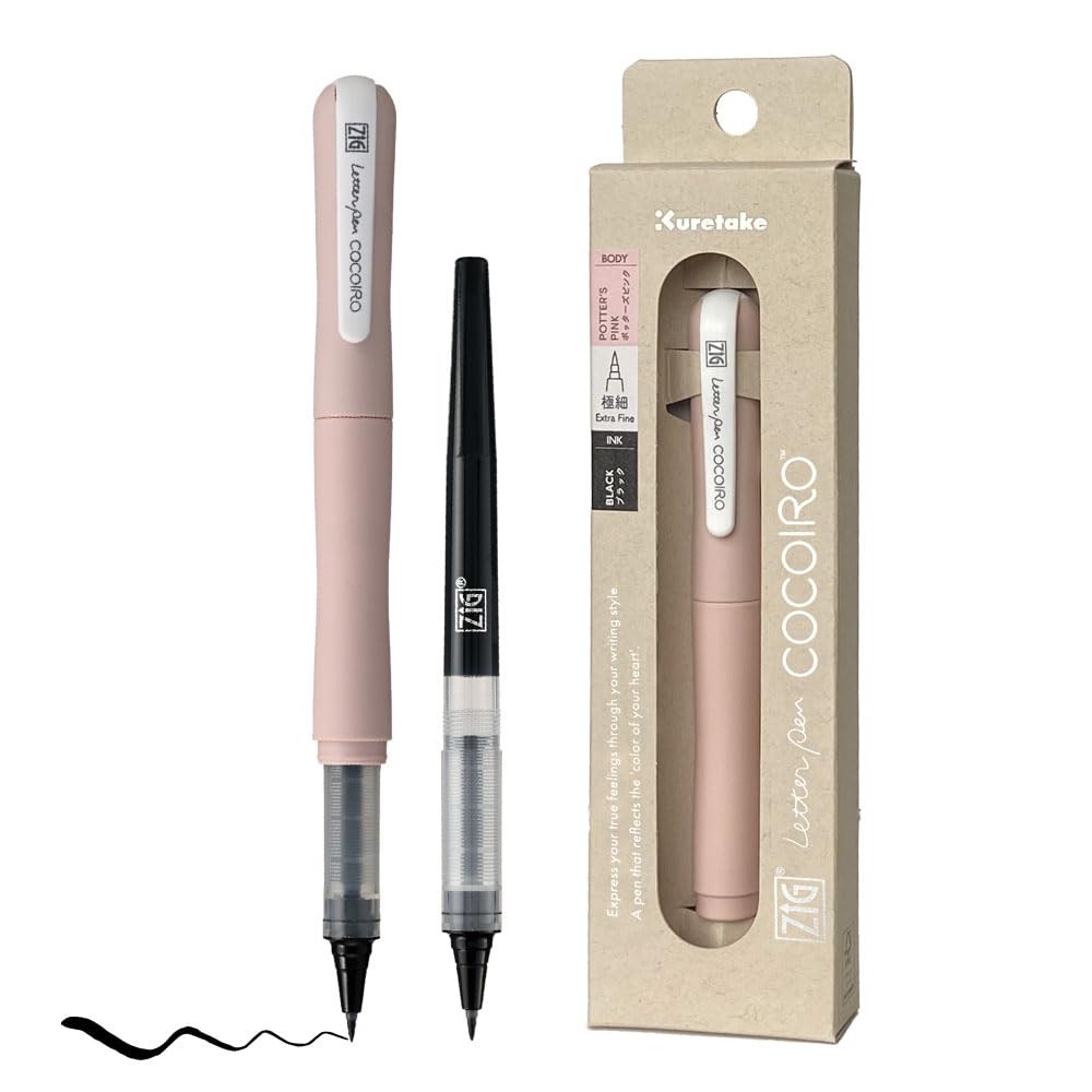 Kuretake ZIG Letter Pen COCOIRO, Body with Black Ink Refill Set, Flexible Extra Fine Brush Tip, Refillable marking Pen for Calligraphy, Hand Lettering, Made in Japan (POTTER'S PINK, Black)