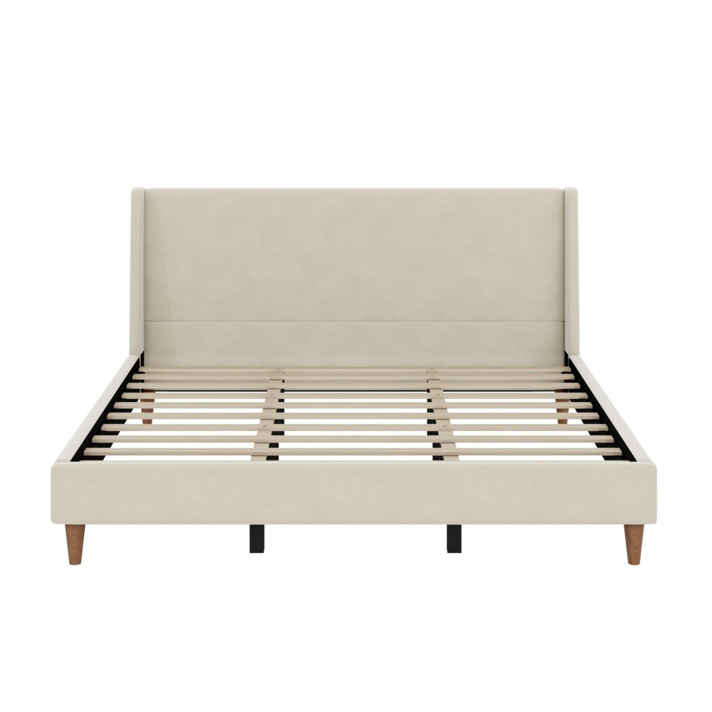 Merax Solid Wood King Size Velvet Bed Frame with Wingback Headboard, Modern Upholstered Platform with Walnut Wooden Legs, Strong Wooden Slats, No Box Spring Needed, Beige