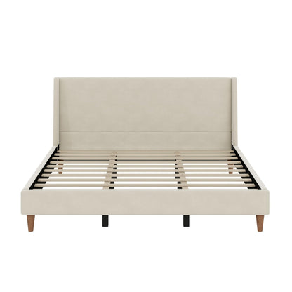 Merax Solid Wood King Size Velvet Bed Frame with Wingback Headboard, Modern Upholstered Platform with Walnut Wooden Legs, Strong Wooden Slats, No Box Spring Needed, Beige