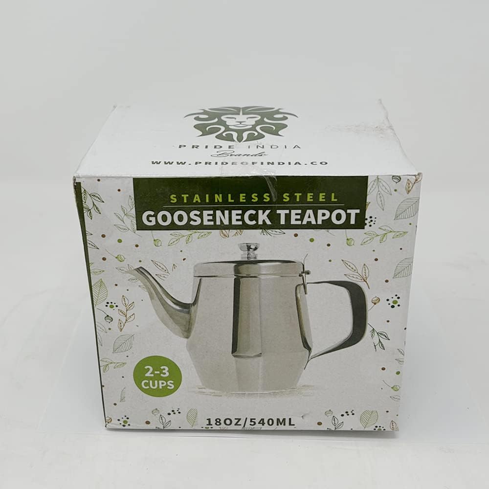 Pride Of India Stainless Steel Gooseneck Tea Pot, 18 Fluid Ounces (2-3 Cups) with Vented Hinged Lid