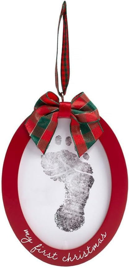 Pearhead Babyprints Double-Sided Christmas Ornament, First Holiday Keepsake Frame with Clean-Touch Ink Pad, Newborn Handprint Footprint Kit, Infant Photo Decoration, Red