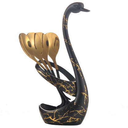 AnSaw Small Coffee Spoon Holder Set,Black Swan Base With 10 Pcs Black & Gold Demitasse Espresso Spoons Set,4.7" Mini Leaf Dessert Spoon,Stainless Steel Tea Spoons