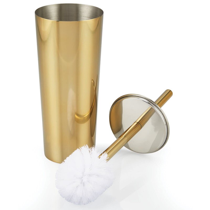 mDesign Stainless Steel Toilet Bowl Brush and Holder Set, Modern Metal Compact Storage Organizer Cleaner Scrubber for Toilet - Heavy Duty Cleaning Plunger for Bathroom, Mirri Collection, Soft Brass