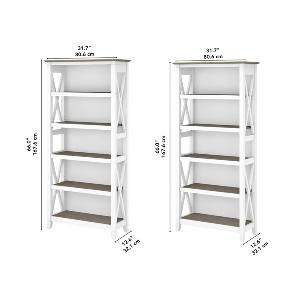 Bush Home Key West 5 Shelf Bookcase - Set of 2 | Tall Bookshelves in Pure White and Shiplap Gray | Sturdy Display Shelves for Library, Living Room, and Home Office