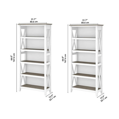 Bush Home Key West 5 Shelf Bookcase - Set of 2 | Tall Bookshelves in Pure White and Shiplap Gray | Sturdy Display Shelves for Library, Living Room, and Home Office