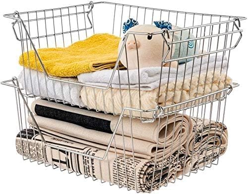 Stackable Wire Metal Baskets, Sturdy Cabinet Organizer for Home, Bathroom, Kitchen, Chrome, 3 Packs