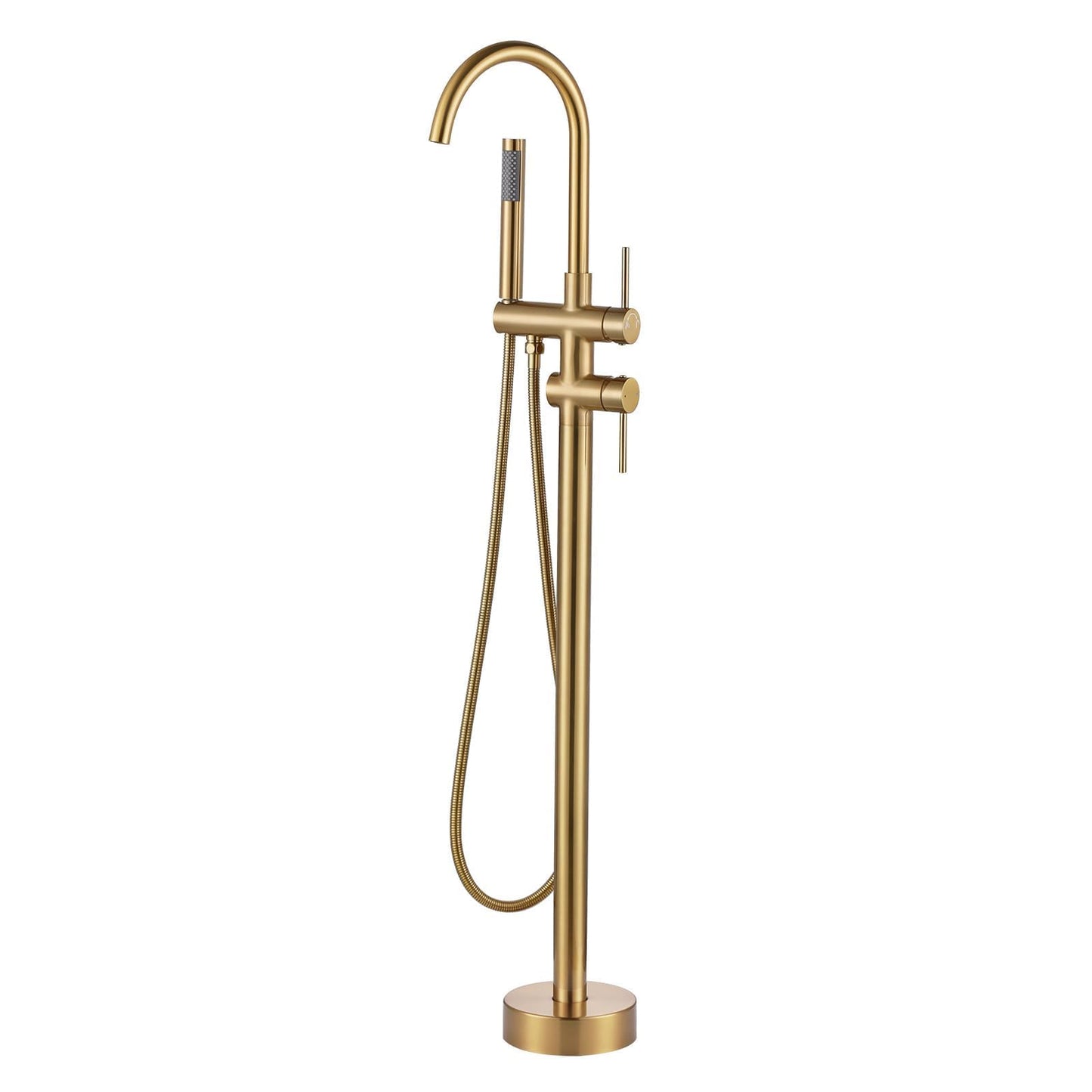 Freestanding Tub Filler Faucet, Floor Mount Brushed Gold Bathtub Faucet with Single Handheld Shower, Brass Shower Tub Faucet Set Complete, Bathtub Faucet with Shower