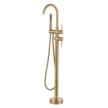 Freestanding Tub Filler Faucet, Floor Mount Brushed Gold Bathtub Faucet with Single Handheld Shower, Brass Shower Tub Faucet Set Complete, Bathtub Faucet with Shower