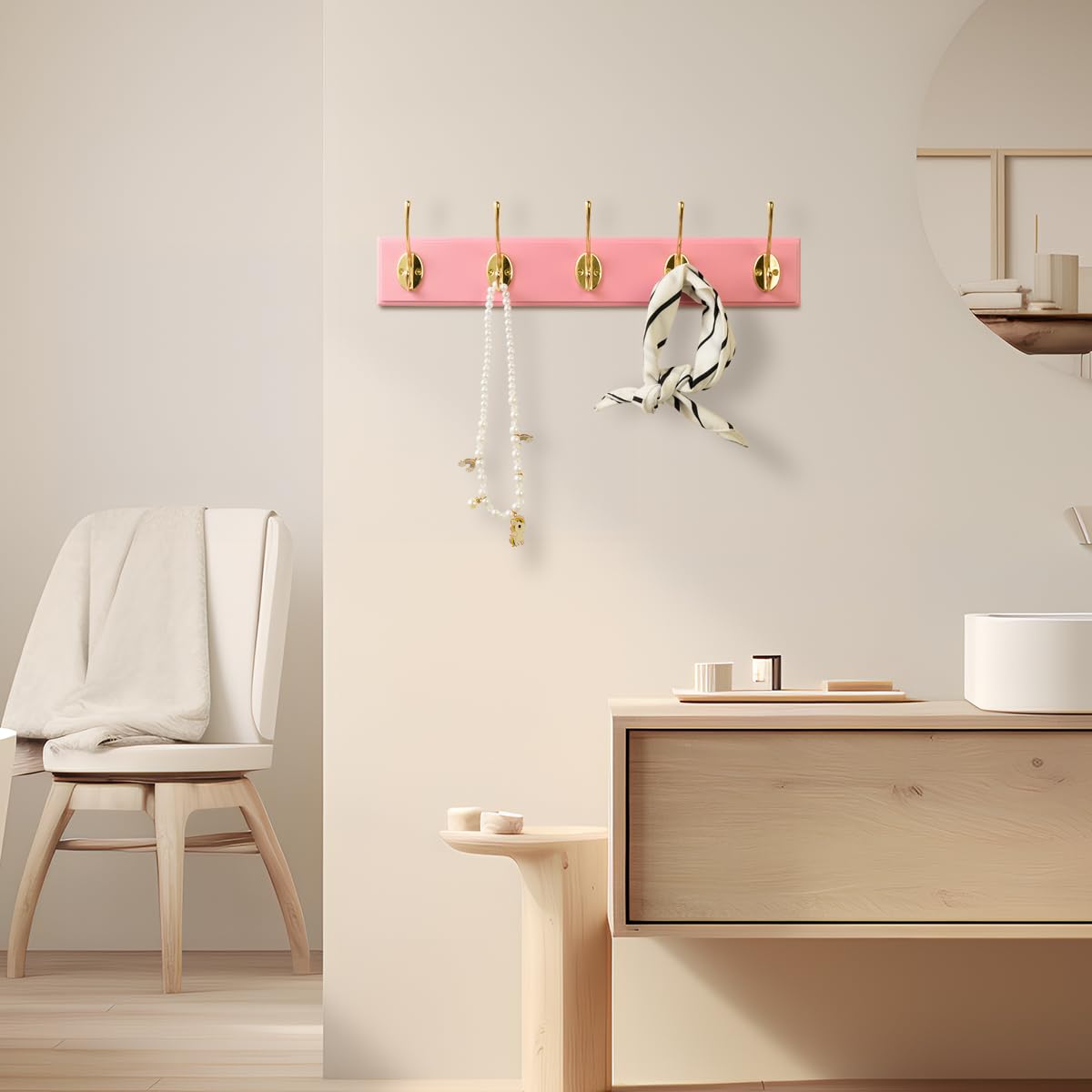 JYL HOME Wall Mount Bamboo Coat Rack, 17 Inch 5 Double Hooks, Pink and Gold