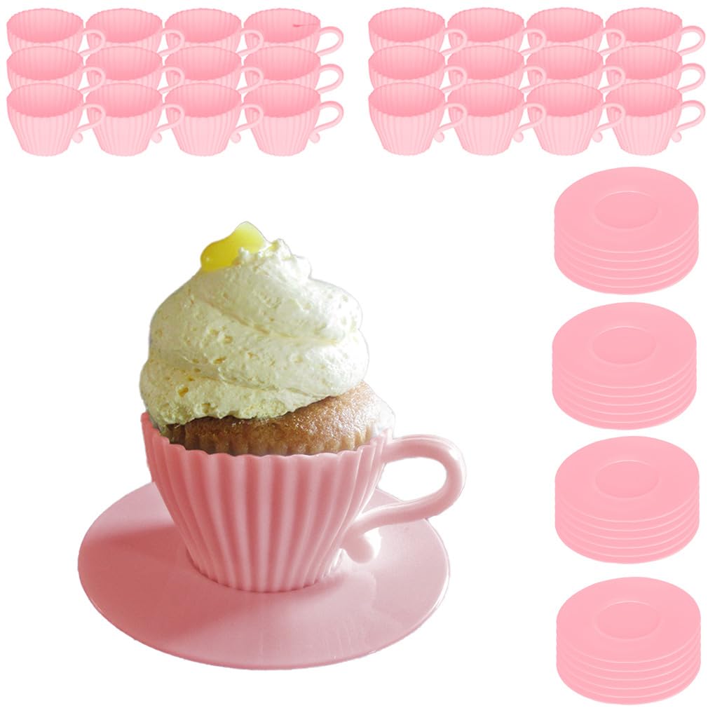Evelots Baking Cupcake Molds - Silicone Teacup Set - 48 Pc Set - Oven-Safe - Nonstick - Muffin Cups for Bridal/Baby Shower, Birthday/Tea Party - 24 Cups & 24 Saucers - BPA Free