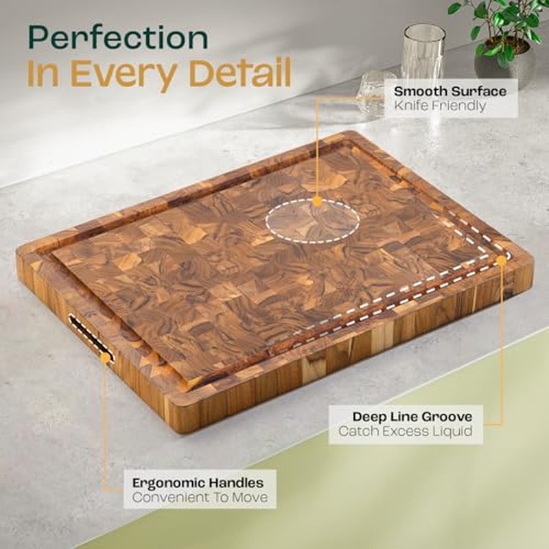 Yes4All Durable Teak Cutting Boards for Kitchen, [24''Lx18''Wx1.5” Thick] Extra Large End Grain Cutting Board, Pre Oiled Wood Cutting Boards, Thick Chopping Board w/Juice Grooves and Easy Grip Handle