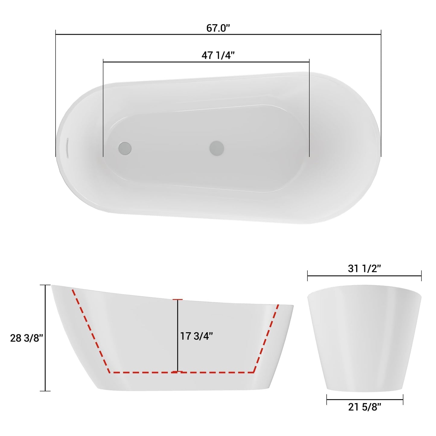 GarveeHome 67'' Acrylic Freestanding Bathtub, Deep Soaking Tub, Non-Slip Upright Bathtub for Adults, cUPC Certified Bath, Chrome Drain, Modern, Bathroom, Scratch Resistant White Tub