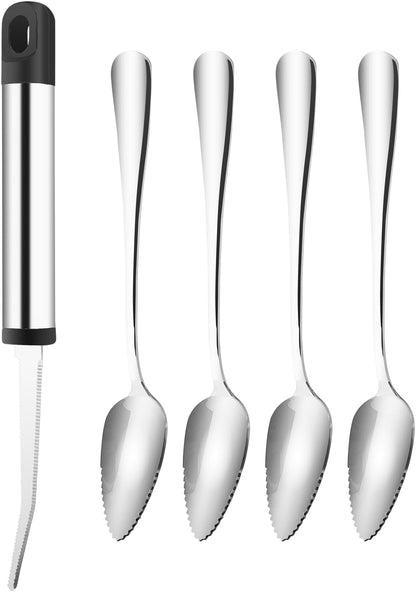 Grapefruit Utensils Set - 4pcs Stainless Steel Grapefruit Spoons and 1 Curved Knife with Serrated Edge for Citrus Fruits