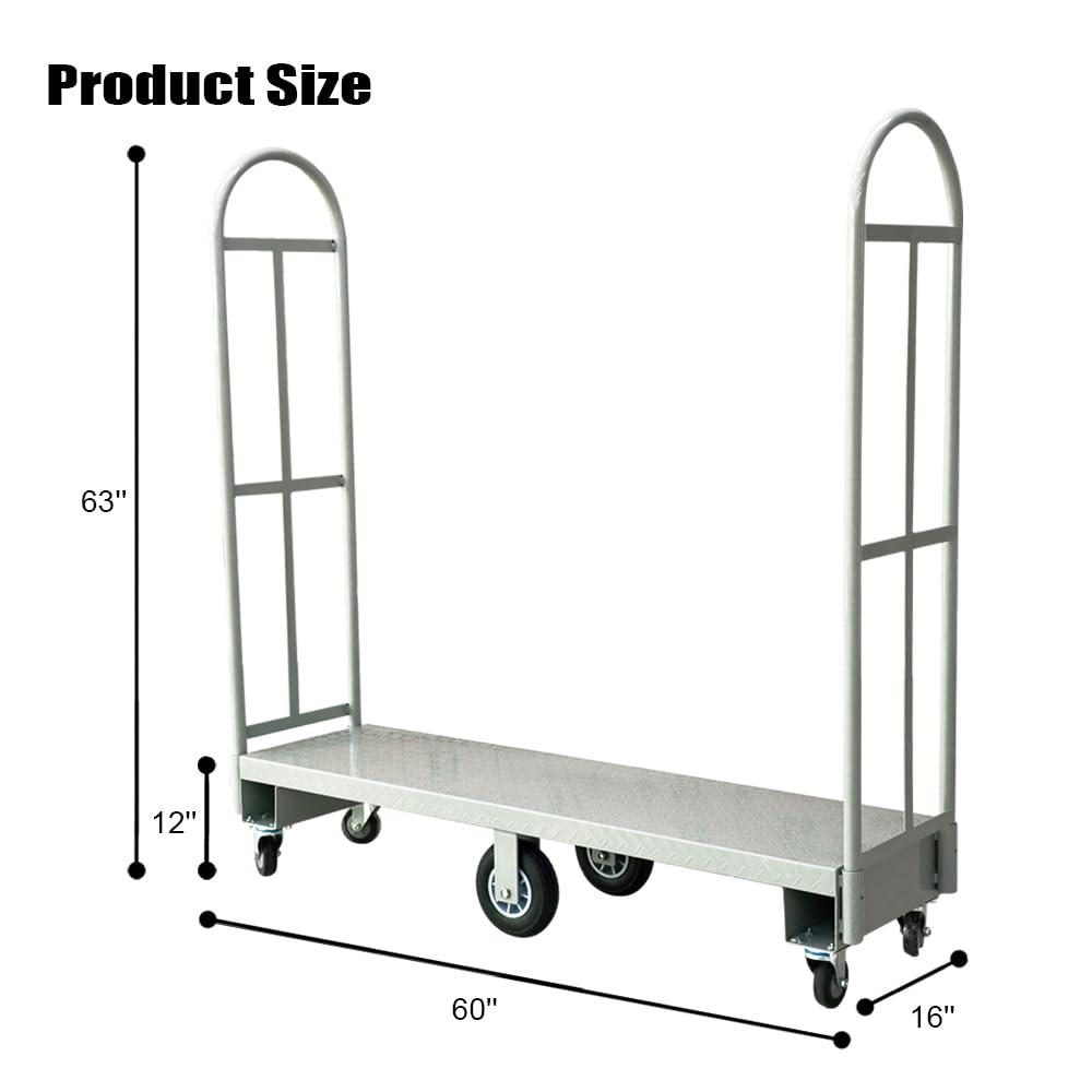 Yeeoy Narrow Aisle U-Boat Platform Truck Dolly, 60"x16" Heavy Duty U- Boat Cart with Thick Steel Deck, 2000LBS Capacity Utility Flatbed Cart with 6 Casters