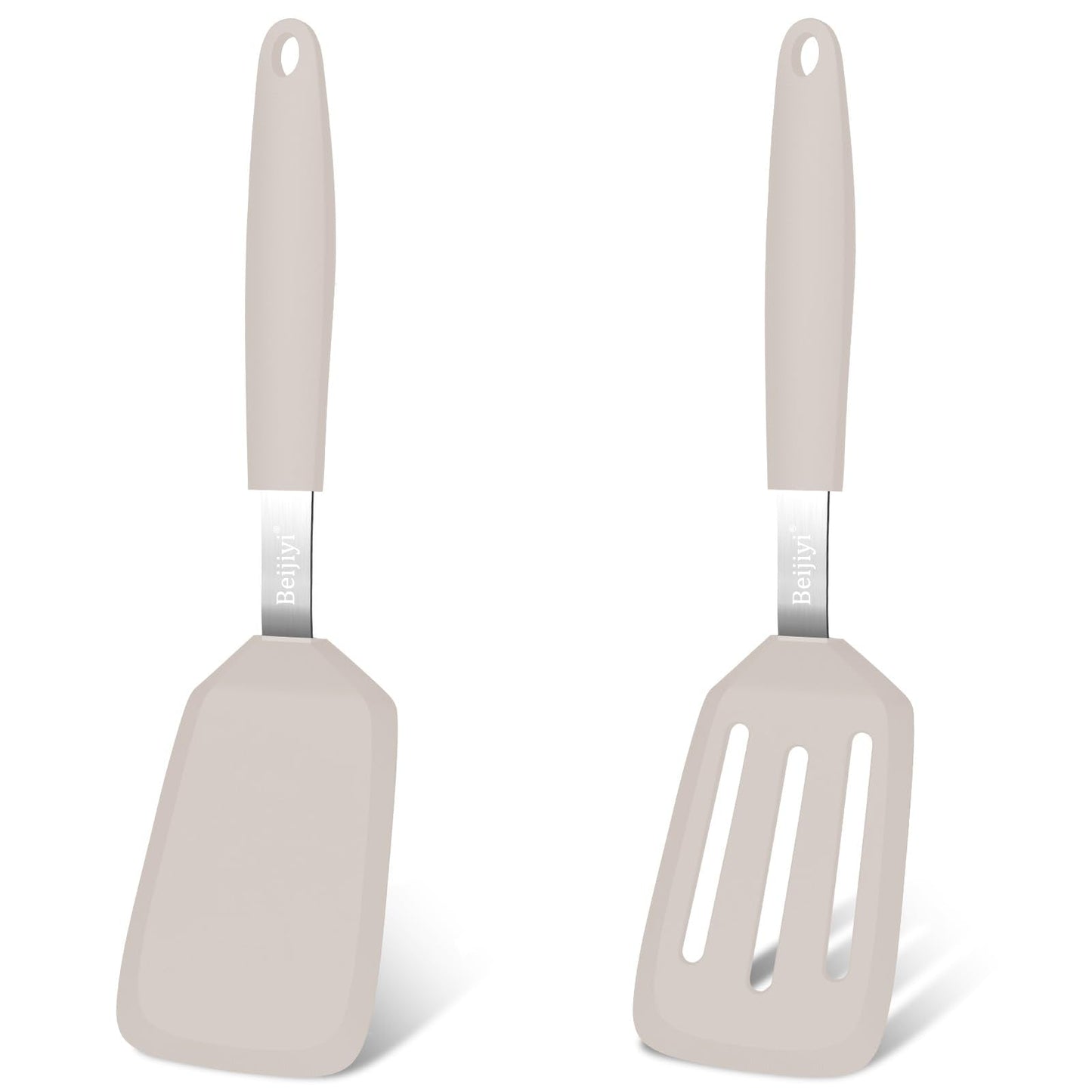 Beijiyi 2 Pack Silicone Spatula Set, 600°F Heat Resistant Spatulas for Cooking, BPA Free Kitchen Utensils, Solid & Slotted Flexible Turner for Non Stick Frying Pan, Flipping Eggs, Pancakes (Khaki)