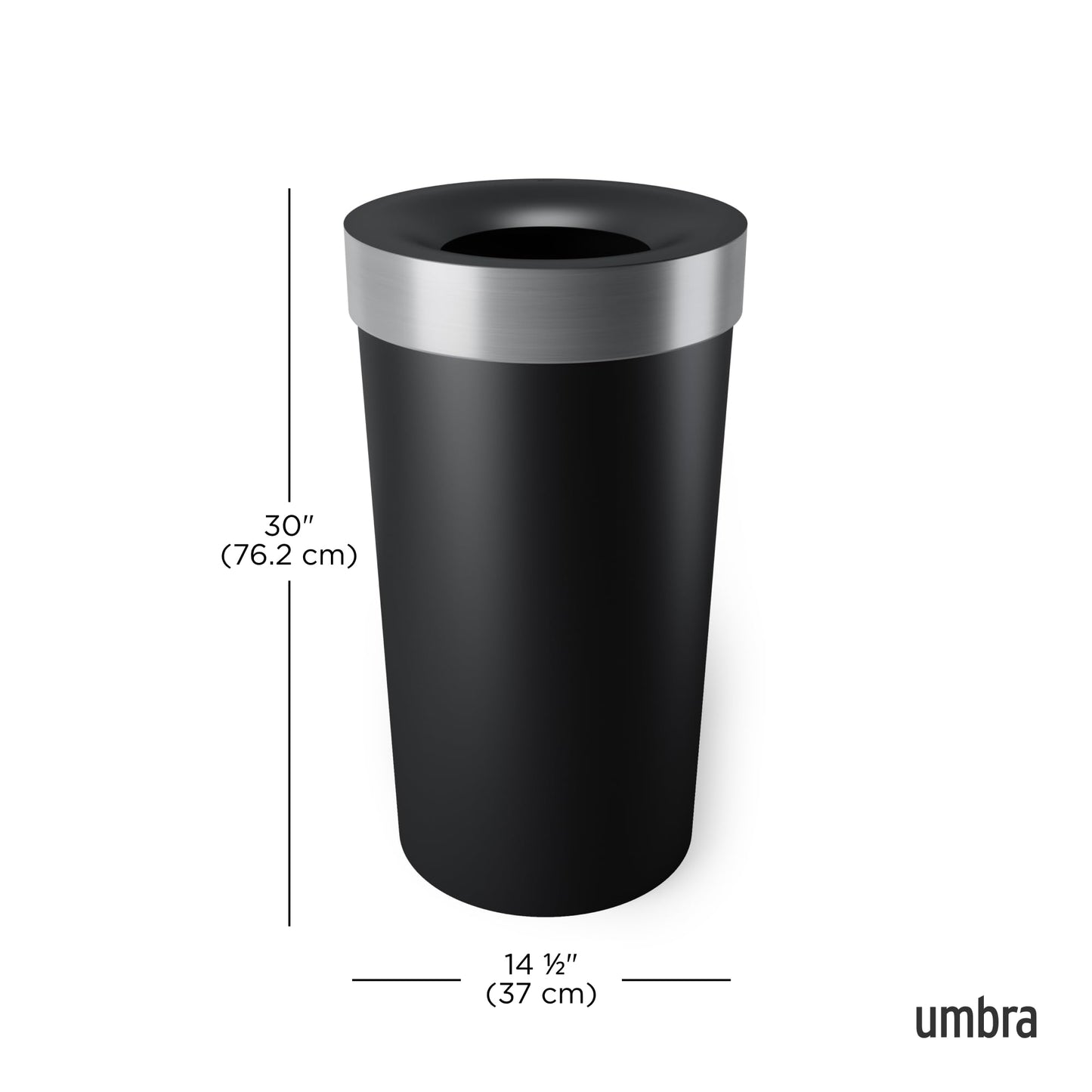 Umbra Vento Kitchen Trash Can – Large 16 Gal (62 L) Open Top Garbage Can for Home & Office – Modern Clean Design, Black/Nickel