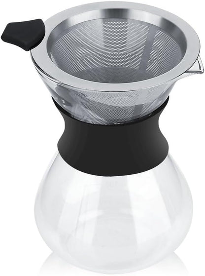 Pour Over Coffee Maker with Stainless Steel Filter, Reusable Glass Coffee Pot Manual Dripper, No Paper Filters