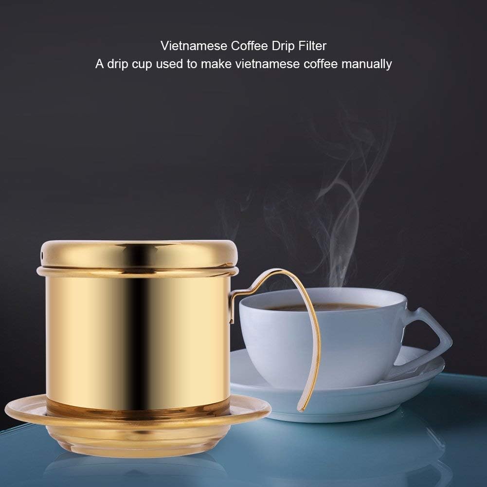 Vietnamese Coffee Filter Maker, Small Stainless Steel French Press Coffee Drip Brewer for Office Cafe (Gold)