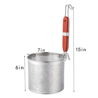 Mesh Pasta Basket Food Strainer Insert For Pot, Colander with Round Wooden Handle Stainless Steel Mesh Spider Strainer for Pasta Noodles Dumpling Vegetable (7 Inches)