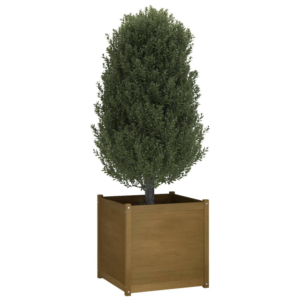 Mhdvray 27.6" Honey Brown Solid Pinewood Garden Planter Box, Large Square Raised Bed for Outdoor Patio, Terrace or Balcony Flower & Vegetable Growing, Rustic Finish, 32.4 lbs