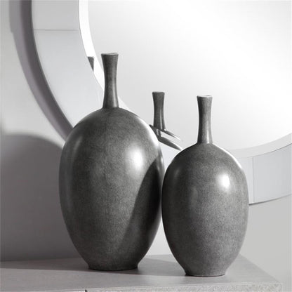 Bowery Hill Ceramic Vase Set of 2, Marbled Black and White Finish, Modern Design, Matte White Interior, 16" and 20" Height, Decorative Home Accent for Living Room or Entryway