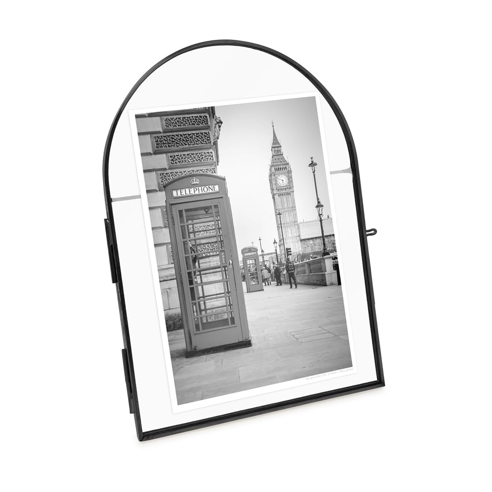 Isaac Jacobs 5x7 Vintage Style, Arched Brass & Glass Metal Floating Picture Frame with Locket Closure (Vertical), Made for Tabletop Display (5x7 Vertical, Black)
