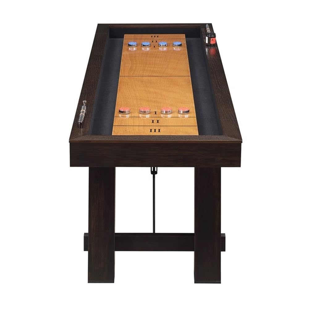 Bowery Hill Shuffleboard Table, Brown Finish, Spruce Veneer with Solid Wood Legs, Transitional Style, Includes Game Pucks, Brush, Wax, Scorers, Perfect for Game Room Entertainment