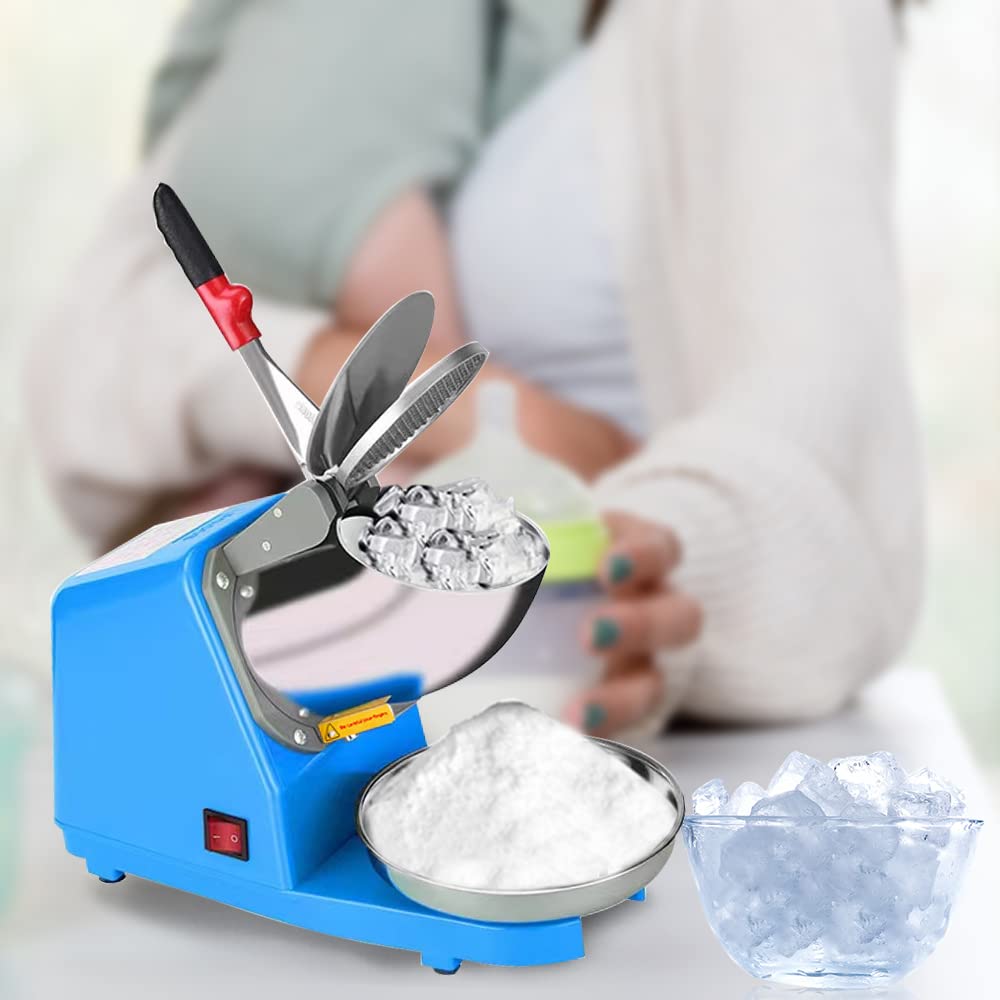Yahpetes Electric Shaved Ice Machine 1Pcs Electric Dual Blades Ice Crusher Shaver Snow Cone Maker Machine 187lbs/hr for Home and Commercial Use (Blue)