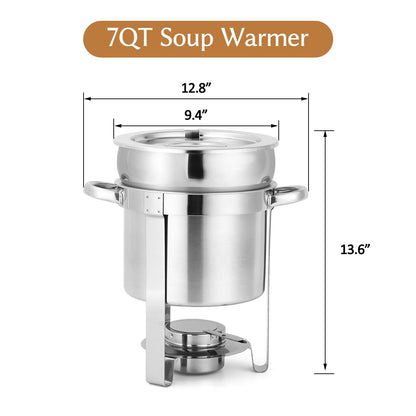 Snowtaros 7QT Soup Chafer, Stainless Steel Round Soup Warmer with Pot Lid & Fuel Holder, Commercial Soup Pot Chafing Dish for Catering, Parties, Banquets, Events (2 Pack)