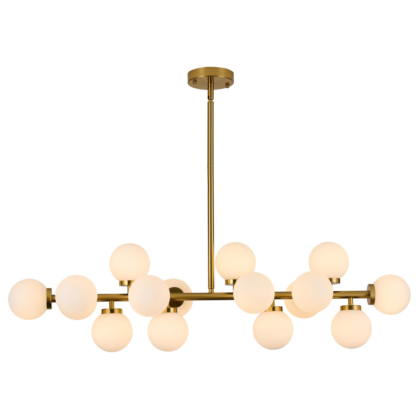 XILICON Linear Chandeliers Modern Brushed Brass Chandeliers for Dining Room 16-Lights and White Glass Pendant Lighting Mid Century Globe Dining Light Fixture for Living Room Kitchen