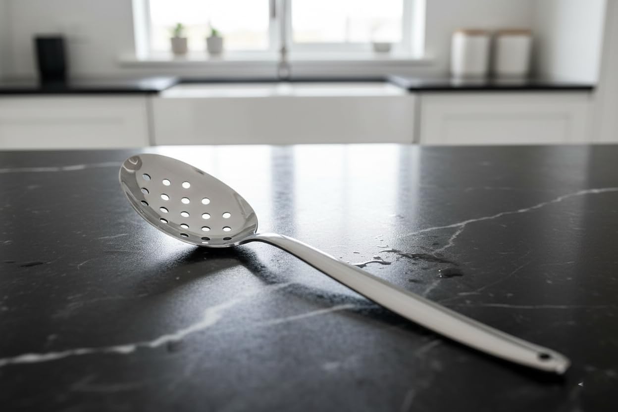 BNAZIND 8 Inch Kunz Spoon Perforated - Small | 18/10 Stainless Steel Silver Chef Spoon for Draining, Plating & Serving & Professional Kitchen Use, Dishwasher Safe